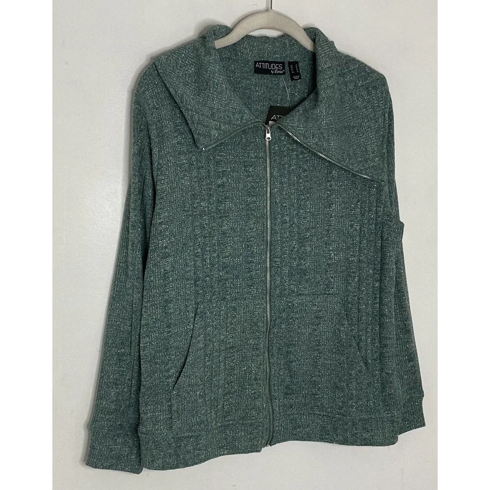 ATTITUDES BY RENEE Glitter Green Collar Zip Up Knit Cardigan Size Small New